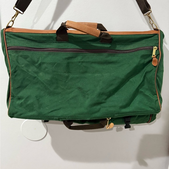 80s 90s LL BEAN Green Canvas Leather Folding Garment Carrying Bag Travel Vintage - Picture 5 of 8